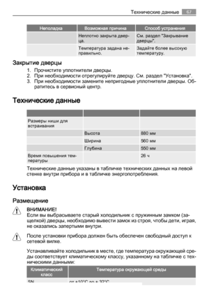 Page 67НеполадкаВозможная причинаСпособ устранения
 Неплотно закрыта двер‐
ца.См. раздел "Закрывание
дверцы".
 Температура задана не‐
правильно.Задайте более высокую
температуру.
Закрытие дверцы
1. Прочистите уплотнители дверцы.
2. При необходимости отрегулируйте дверцу. См. раздел "Установка".
3. При необходимости замените непригодные уплотнители дверцы. Об‐
ратитесь в сервисный центр.
Технические данные
   
Размеры ниши для
встраивания  
 Высота880 мм
 Ширина560 мм
 Глубина550 мм
Время...