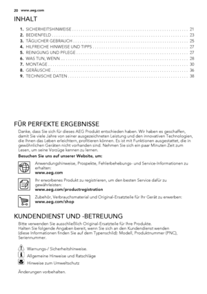 Page 20INHALT
1.SICHERHEITSHINWEISE . . . . . . . . . . . . . . . . . . . . . . . . . . . . . . . . . . . . . . . . . . . . . . . . . . . . .  21
2.BEDIENFELD . . . . . . . . . . . . . . . . . . . . . . . . . . . . . . . . . . . . . . . . . . . . . . . . . . . . . . . . . . . . . .  23
3.TÄGLICHER GEBRAUCH . . . . . . . . . . . . . . . . . . . . . . . . . . . . . . . . . . . . . . . . . . . . . . . . . . . . .  25
4.HILFREICHE HINWEISE UND TIPPS . . . . . . . . . . . . . . . . . . . . . . . . . . . . . . . . ....