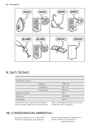 Page 56BRRR!BRRR!HISSS!HISSS!
BLUBB!BLUBB!CRACK!CRACK!
9. DATI TECNICI
   
Nicchia di incasso  
 Altezza1780 mm
 Larghezza560 mm
 Profondità550 mm
Tempo di salita 24 h
Tensione 230-240 V
Frequenza 50 Hz
I dati tecnici sono riportati sulla targhet-
ta del modello, applicata sul lato sinistrointerno dell'apparecchiatura, e sull'eti-
chetta dei valori energetici.
10. CONSIDERAZIONI AMBIENTALI
Riciclare i materiali con il simbolo  .
Buttare l'imballaggio negli appositi
contenitori per il...