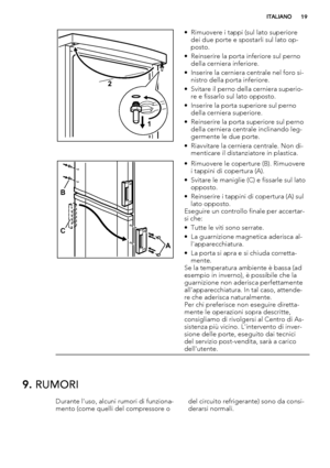 Page 192
1
• Rimuovere i tappi (sul lato superiore
dei due porte e spostarli sul lato op-
posto.
• Reinserire la porta inferiore sul perno
della cerniera inferiore.
• Inserire la cerniera centrale nel foro si-
nistro della porta inferiore.
• Svitare il perno della cerniera superio-
re e fissarlo sul lato opposto.
• Inserire la porta superiore sul perno
della cerniera superiore.
• Reinserire la porta superiore sul perno
della cerniera centrale inclinando leg-
germente le due porte.
• Riavvitare la cerniera...