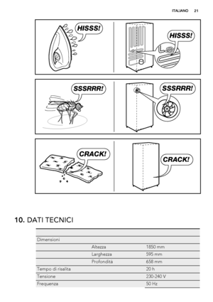 Page 21HISSS!
HISSS!
SSSRRR!SSSRRR!
CRACK!
CRACK!
10. DATI TECNICI
   
Dimensioni  
 Altezza1850 mm
 Larghezza595 mm
 Profondità658 mm
Tempo di risalita 20 h
Tensione 230-240 V
Frequenza 50 Hz
ITALIANO21
 