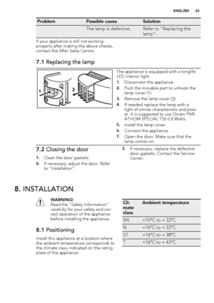 Page 35ProblemPossible causeSolution
 The lamp is defective.Refer to "Replacing the
lamp".
If your appliance is still not working
properly after making the above checks,
contact the After Sales Centre.
7.1 Replacing the lamp
12
The appliance is equipped with a longlife
LED interior light.
1.Disconnect the appliance.
2.Push the movable part to unhook the
lamp cover (1).
3.Remove the lamp cover (2).
4.If needed replace the lamp with a
light of similar characteristic and pow-
er. It is suggested to use...