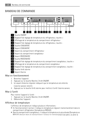 Page 24BANDEAU DE COMMANDE
657843211514131211910
1Touche ON/OFF
2Dispositif de réglage de température du réfrigérateur, touche +
3Affichage de la température du compartiment réfrigérateur
4Dispositif de réglage de température du réfrigérateur, touche -
5Touche COOLMATIC
6Voyant COOLMATIC
7Voyant du compartiment réfrigérateur
8Voyant du compartiment congélateur
9Voyant FROSTMATIC
10Touche FROSTMATIC
11Dispositif de réglage de température du compartiment congélateur, touche +
12Affichage de la température du...