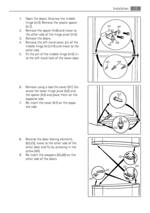 Page 171. Open the doors. Unscrew the middle
hinge (m2). Remove the plastic spacer
(m1).
2. Remove the spacer (m6) and move to
the other side of the hinge pivot (m5).
3. Remove the doors.
4. Remove the left-hand cover pin of the
middle hinge (m3,m4) and move to the
other side.
5. Fit the pin of the middle hinge (m5) in-
to the left-hand hole of the lower door.
6. Remove using a tool the cover (b1). Un-
screw the lower hinge pivot (b2) and
the spacer (b3) and place them on the
opposite side.
7. Re-insert the...