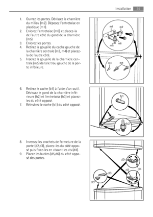 Page 351. Ouvrez les portes. Dévissez la charnière
du milieu (m2). Déposez lentretoise en
plastique (m1).
2. Enlevez lentretoise (m6) et placez-la
de lautre côté du gond de la charnière
(m5).
3. Enlevez les portes.
4. Retirez la goupille du cache gauche de
la charnière centrale (m3, m4) et placez-
la de lautre côté.
5. Insérez la goupille de la charnière cen-
trale (m5) dans le trou gauche de la por-
te inférieure.
6. Retirez le cache (b1) à laide dun outil.
Dévissez le gond de la charnière infé-
rieure (b2) et...