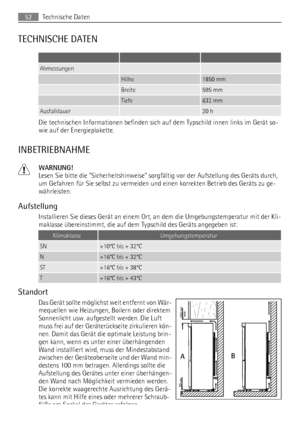 Page 52TECHNISCHE DATEN
   
Abmessungen  
 Höhe1850 mm
 Breite595 mm
 Tiefe632 mm
Ausfalldauer 20 h
Die technischen Informationen befinden sich auf dem Typschild innen links im Gerät so-
wie auf der Energieplakette.
INBETRIEBNAHME
WARNUNG!
Lesen Sie bitte die Sicherheitshinweise sorgfältig vor der Aufstellung des Geräts durch,
um Gefahren für Sie selbst zu vermeiden und einen korrekten Betrieb des Geräts zu ge-
währleisten.
Aufstellung
Installieren Sie dieses Gerät an einem Ort, an dem die Umgebungstemperatur...