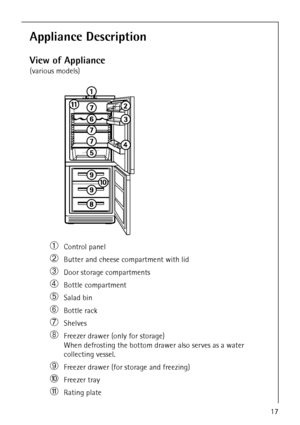 Page 17818 36 43-01/717
Appliance Description
View of Appliance
(various models)
áControl panel 
àButter and cheese compartment with lid
âDoor storage compartments
äBottle compartment
ãSalad bin
åBottle rack
çShelves
éFreezer drawer (only for storage) 
When defrosting the bottom drawer also serves as a water 
collecting vessel.
èFreezer drawer (for storage and freezing)
êFreezer tray 
ëRating plate 
 