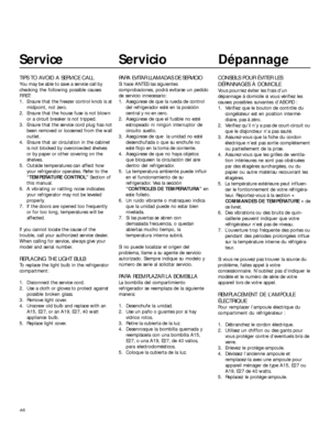 Page 4646
Service
TIPS TO AVOID A SERVICE CALL
You may be able to save a service call by
checking the following possible causes
FIRST:
1. Ensure that the freezer control knob is at
midpoint, not zero.
2. Ensure that the house fuse is not blown
or a circuit breaker is not tripped.
3. Ensure that the service cord plug has not
been removed or loosened from the wall
outlet.
4. Ensure that air circulation in the cabinet
is not blocked by overcrowded shelves
or by paper or other covering on the
shelves.
5. Outside...