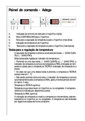 Page 3030
Painel de comando - Adega 
A. Indicação de controlo de rede para o frigorífico (verde)
B. Tecla LIGAR/DESLIGAR para o frigorífico
C.  Tecla para a regulação da temperatura para o frigorífico (mais altas)
D. Indicação da temperatura do frigorífico
E. Tecla para a regulação da temperatura para o frigorífico (mais baixas)

 

	
   
Teclas para a regulação da temperatura
A regulação da temperatura efectua-se através dos teclas „+“ (MAIS QUEN-
TE) e „-“ (MAIS FRIO).
Estas...