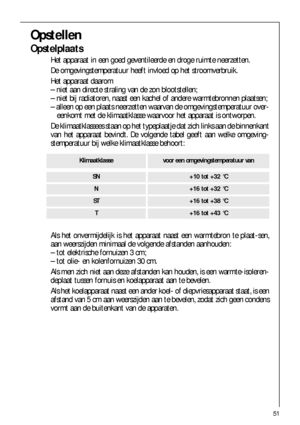 Page 5151
Klimaatklassevoor een omgevingstemperatuur van
SN+10 tot +32 °C
N+16 tot +32 °C
ST+16 tot +38 °C
T+16 tot +43 °C
Opstellen
Opstelplaats
Het apparaat in een goed geventileerde en droge ruimte neerzetten.
De omgevingstemperatuur heeft invloed op het stroomverbruik.
Het apparaat daarom
– niet aan directe straling van de zon blootstellen;
– niet bij radiatoren, naast een kachel of andere warmtebronnen plaatsen;
– alleen op een plaats neerzetten waarvan de omgevingstemperatuur over-
eenkomt met de...