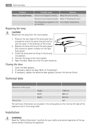 Page 14ProblemPossible causeSolution
There is too much frost.Food is not wrapped correctly.Wrap the food correctly.
 The door is not closed correctly.Refer to Closing the door.
 The temperature regulator is not
set correctly.Set a higher temperature.
Replacing the lamp
CAUTION!
Disconnect the plug from the mains socket.
1. Press on the rear hook of the lamp cover by a
screwdriver and at the same time pull and ro-
tate the cover in the direction of the arrow.
2. Replace the lamp with one of the same power
(the...