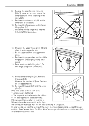 Page 398. Reverse the door locking elements
(d2,d3), move to the other side of the
other door and fix by screwing in the
screw (d4).
9. Re-insert the stoppers (d5,d6) on the
other side of the doors.
10. Re-insert the lower door on the lower
hinge pivot (b2).
11. Insert the middle hinge (m2) into the
left drill of the lower door.
12. Unscrew the upper hinge pivot (t1) and
place it on the opposite side.
13. Fit the upper door on the upper door
pivot.
14. Re-insert the upper door on the middle
hinge pivot (m5)...