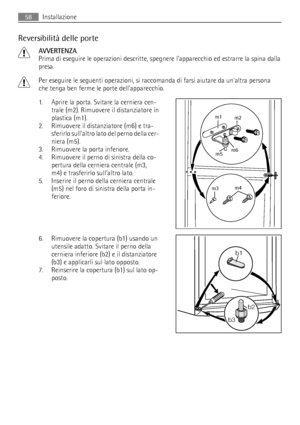 Page 58Reversibilità delle porte
AVVERTENZA
Prima di eseguire le operazioni descritte, spegnere lapparecchio ed estrarre la spina dalla
presa.
Per eseguire le seguenti operazioni, si raccomanda di farsi aiutare da unaltra persona
che tenga ben ferme le porte dellapparecchio.
1. Aprire la porta. Svitare la cerniera cen-
trale (m2). Rimuovere il distanziatore in
plastica (m1).
2. Rimuovere il distanziatore (m6) e tra-
sferirlo sullaltro lato del perno della cer-
niera (m5).
3. Rimuovere la porta inferiore.
4....