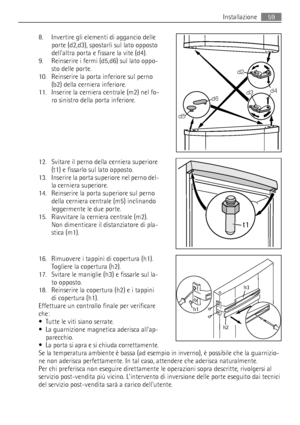 Page 598. Invertire gli elementi di aggancio delle
porte (d2,d3), spostarli sul lato opposto
dellaltra porta e fissare la vite (d4).
9. Reinserire i fermi (d5,d6) sul lato oppo-
sto delle porte.
10. Reinserire la porta inferiore sul perno
(b2) della cerniera inferiore.
11. Inserire la cerniera centrale (m2) nel fo-
ro sinistro della porta inferiore.
12. Svitare il perno della cerniera superiore
(t1) e fissarlo sul lato opposto.
13. Inserire la porta superiore nel perno del-
la cerniera superiore.
14. Reinserire...