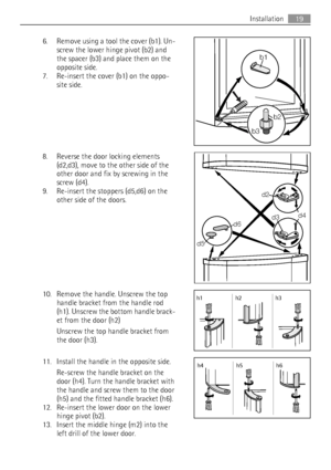 Page 196. Remove using a tool the cover (b1). Un-
screw the lower hinge pivot (b2) and
the spacer (b3) and place them on the
opposite side.
7. Re-insert the cover (b1) on the oppo-
site side.
8. Reverse the door locking elements
(d2,d3), move to the other side of the
other door and fix by screwing in the
screw (d4).
9. Re-insert the stoppers (d5,d6) on the
other side of the doors.
10. Remove the handle. Unscrew the top
handle bracket from the handle rod
(h1). Unscrew the bottom handle brack-
et from the door...