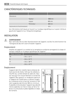 Page 36CARACTÉRISTIQUES TECHNIQUES
   
Dimensions  
 Hauteur1850 mm
 Largeur595 mm
 Profondeur648 mm
Autonomie de fonctionnement 16 h
Les informations techniques se trouvent sur la plaque signalétique sur la paroi intérieure
gauche de lappareil et sur létiquette énergétique.
INSTALLATION
AVERTISSEMENT
Pour votre sécurité et le bon fonctionnement de lappareil, veuillez lire attentivement les
Consignes de sécurité avant dinstaller lappareil.
Emplacement
Installez cet appareil à un endroit où la température...