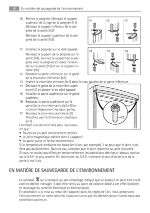 Page 4010. Retirez la poignée. Dévissez le support
supérieur de la tige de la poignée (h1).
Dévissez le support inférieur de la poi-
gnée de la porte (h2)
Dévissez le support supérieur de la poi-
gnée de la porte (h3).
11. Installez la poignée sur le côté opposé.
Revissez le support de la poignée sur la
porte (h4). Tournez le support de la poi-
gnée avec la poignée et vissez lensem-
ble sur la porte (h5) et sur le support in-
stallé (h6).
12. Replacez la porte inférieure sur le gond
de la charnière inférieure...