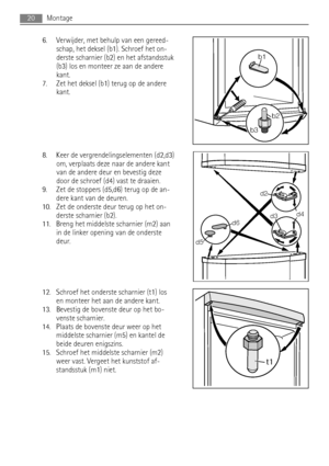 Page 206. Verwijder, met behulp van een gereed-
schap, het deksel (b1). Schroef het on-
derste scharnier (b2) en het afstandsstuk
(b3) los en monteer ze aan de andere
kant.
7. Zet het deksel (b1) terug op de andere
kant.
8. Keer de vergrendelingselementen (d2,d3)
om, verplaats deze naar de andere kant
van de andere deur en bevestig deze
door de schroef (d4) vast te draaien.
9. Zet de stoppers (d5,d6) terug op de an-
dere kant van de deuren.
10. Zet de onderste deur terug op het on-
derste scharnier (b2).
11....