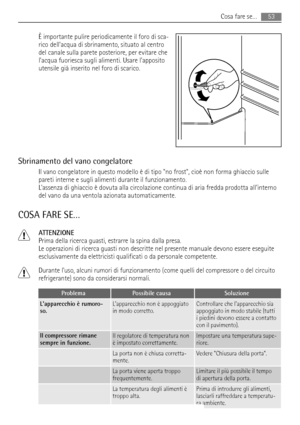 Page 53È importante pulire periodicamente il foro di sca-
rico dellacqua di sbrinamento, situato al centro
del canale sulla parete posteriore, per evitare che
lacqua fuoriesca sugli alimenti. Usare lapposito
utensile già inserito nel foro di scarico.
Sbrinamento del vano congelatore
Il vano congelatore in questo modello è di tipo no frost, cioè non forma ghiaccio sulle
pareti interne e sugli alimenti durante il funzionamento.
Lassenza di ghiaccio è dovuta alla circolazione continua di aria fredda prodotta...