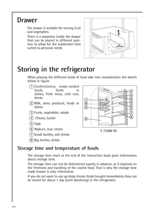 Page 5050
Storing in the refrigerator
When placing the different kinds of food take into consideration the sketch
below in figure:
1 Confectionery, ready-cooked
foods, foods in 
dishes, fresh meat, cold cuts,
drinks
2 Milk, dairy products, foods in
dishes
3 Fruits, vegetables, salads
4 Cheese, butter
5 Eggs
6 Yoghurt, sour cream
7 Small bottles, soft drinks
8 Big bottles, drinks
Storage time and temperature of foods
The storage time chart at the end of the instruction book gives information
about storage time....