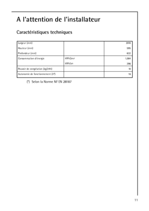 Page 1111
A lattention de linstallateur
Caractéristiques techniques
Largeur (mm)
Hauteur (mm)
Profondeur (mm)
Consommation dénergie
Pouvoir de congélation (kg/24h)
Autonomie de fonctionnement (h*)kWh/jour
kWh/an2010
595
632
1,084
396
10
16
(*)  Selon la Norme NF EN 28187
 