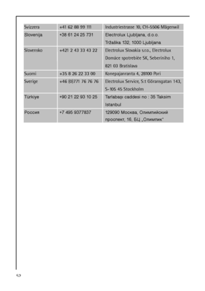 Page 5252
Svizzera +41 62 88 99 111 Industriestrasse 10, CH-5506 Mägenwil
Slovenija +38 61 24 25 731 Electrolux Ljubljana, d.o.o.
Tržaška 132, 1000 Ljubljana
Slovensko +421 2 43 33 43 22 Electrolux Slovakia s.r.o., Electrolux
Domáce spotrebièe SK, Seberíniho 1,
821 03 Bratislava
Suomi +35 8 26 22 33 00 Konepajanranta 4, 28100 Pori
Sverige +46 (0)771 76 76 76 Electrolux Service, S:t Göransgatan 143,
S-105 45 Stockholm
Türkiye +90 21 22 93 10 25 Tarlabaşı caddesi no : 35 Taksim
Istanbul
 +7 495 9377837...