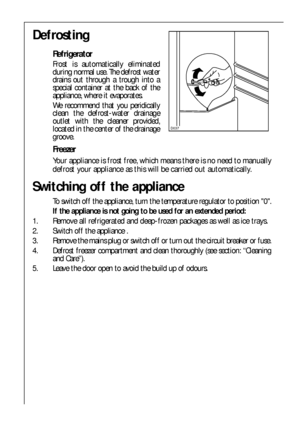 Page 2424
Defrosting
Refrigerator
Frost is automatically eliminated
during normal use. The defrost water
drains out through a trough into a
special container at the back of the
appliance, where it evaporates.
We recommend that you peridically
clean the defrost-water drainage
outlet with the cleaner provided,
located in the center of the drainage
groove. 
Freezer
Your appliance is frost free, which means there is no need to manually
defrost your appliance as this will be carried out automatically.
Switching off...