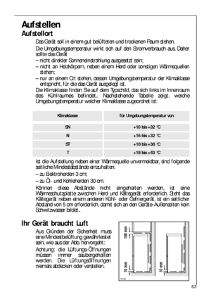 Page 6363
Aufstellen
Aufstellort
Das Gerät soll in einem gut belüfteten und trockenen Raum stehen.
Die Umgebungstemperatur wirkt sich auf den Stromverbrauch aus. Daher
sollte das Gerät
– nicht direkter Sonneneinstrahlung ausgesetzt sein;
– nicht an Heizkörpern, neben einem Herd oder sonstigen Wärmequellen
stehen;
– nur an einem Ort stehen, dessen Umgebungstemperatur der Klimaklasse
entspricht, für die das Gerät ausgelegt ist.
Die Klimaklasse finden Sie auf dem Typschild, das sich links im Innenraum
des...