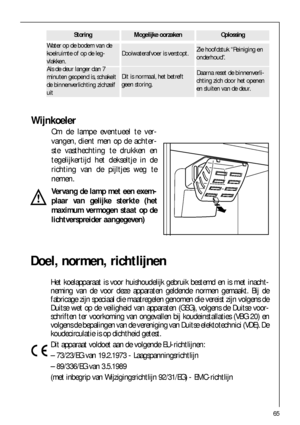 Page 6565
Zie hoofdstuk “Reiniging en
onderhoud”.Water op de bodem van de
koelruimte of op de leg-
vlakken.
Dooiwaterafvoer is verstopt.
Storing Mogelijke oorzakenOplossing
Wijnkoeler
Om de lampe eventueel te ver-
vangen, dient men op de achter-
ste vasthechting te drukken en
tegelijkertijd het dekseltje in de
richting van de pijltjes weg te
nemen.
Vervang de lamp met een exem-
plaar van gelijke sterkte (het
maximum vermogen staat op de
lichtverspreider aangegeven)
Dit is normaal, het betreft
geen storing.
Als...