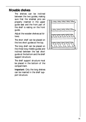 Page 7575
Movable shelves
The shelves can be inclined
between the two guides, making
sure that the smallest pins are
properly inserted in the upper
guide seat and the front part of
the shelf is resting on the front
guide.
Adjust the wooden shelves as fol-
lows:
The short shelf can be placed on
the two short guides at the top.
The long shelf can be placed on
the three long middle guides and
inclined between the last short
guide at the bottom and the shelf
support structure.
The shelf support structure must
be...