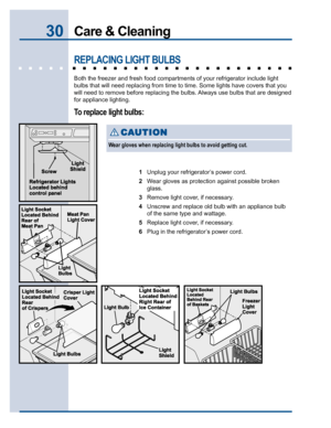 Page 3030Care & Cleaning
REPLACING LIGHT BULBS
Both the freezer and fresh food compartments of your refrigerator include light
bulbs that will need replacing from time to time. Some lights have covers that you
will need to remove before replacing the bulbs. Always use bulbs that are designed
for appliance lighting.
To replace light bulbs:
1Unplug your refrigerator’s power cord.
2Wear gloves as protection against possible broken
glass.
3Remove light cover, if necessary.
4Unscrew and replace old bulb with an...
