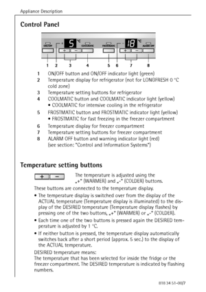 Page 20Appliance Description
68818 34 51-00/7
Control Panel
  1ON/OFF button and ON/OFF indicator light (green)
  2Temperature display for refrigerator (not for LONGFRESH 0 °C 
cold zone)
  3Temperature setting buttons for refrigerator 
  4COOLMATIC button and COOLMATIC indicator light (yellow) 
 COOLMATIC for intensive cooling in the refrigerator
  5FROSTMATIC button and FROSTMATIC indicator light (yellow)
 FROSTMATIC for fast freezing in the freezer compartment
  6Temperature display for freezer compartment...