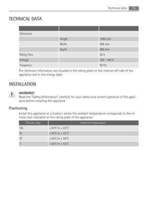 Page 15TECHNICAL DATA
   
Dimension  
 Height1850 mm
 Width595 mm
 Depth658 mm
Rising Time 20 h
Voltage 230 - 240 V
Frequency 50 Hz
The technical information are situated in the rating plate on the internal left side of the
appliance and in the energy label.
INSTALLATION
WARNING!
Read the Safety Information carefully for your safety and correct operation of the appli-
ance before installing the appliance.
Positioning
Install this appliance at a location where the ambient temperature corresponds to the cli-
mate...