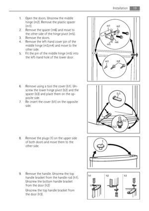 Page 191. Open the doors. Unscrew the middle
hinge (m2). Remove the plastic spacer
(m1).
2. Remove the spacer (m6) and move to
the other side of the hinge pivot (m5).
3. Remove the doors.
4. Remove the left-hand cover pin of the
middle hinge (m3,m4) and move to the
other side.
5. Fit the pin of the middle hinge (m5) into
the left-hand hole of the lower door.
6. Remove using a tool the cover (b1). Un-
screw the lower hinge pivot (b2) and the
spacer (b3) and place them on the op-
posite side.
7. Re-insert the...
