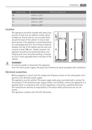 Page 47Climate classAmbient temperature
SN+10°C to + 32°C
N+16°C to + 32°C
ST+16°C to + 38°C
T+16°C to + 43°C
Location
The appliance should be installed well away from
sources of heat such as radiators, boilers, direct
sunlight etc. Ensure that air can circulate freely
around the back of the cabinet. To ensure best
performance, if the appliance is positioned below
an overhanging wall unit, the minimum distance
between the top of the cabinet and the wall unit
must be at least 100 mm . Ideally, however, the...