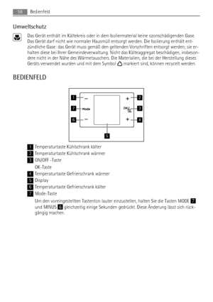 Page 56Umweltschutz
Das Gerät enthält im Kältekreis oder in dem Isoliermaterial keine ozonschädigenden Gase.
Das Gerät darf nicht wie normaler Hausmüll entsorgt werden. Die Isolierung enthält ent-
zündliche Gase: das Gerät muss gemäß den geltenden Vorschriften entsorgt werden; sie er-
halten diese bei Ihrer Gemeindeverwaltung. Nicht das Kälteaggregat beschädigen, insbeson-
dere nicht in der Nähe des Wärmetauschers. Die Materialien, die bei der Herstellung dieses
Geräts verwendet wurden und mit dem Symbol...