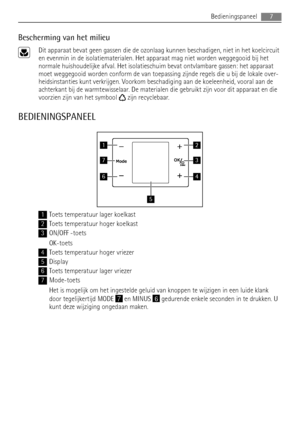 Page 7Bescherming van het milieu
Dit apparaat bevat geen gassen die de ozonlaag kunnen beschadigen, niet in het koelcircuit
en evenmin in de isolatiematerialen. Het apparaat mag niet worden weggegooid bij het
normale huishoudelijke afval. Het isolatieschuim bevat ontvlambare gassen: het apparaat
moet weggegooid worden conform de van toepassing zijnde regels die u bij de lokale over-
heidsinstanties kunt verkrijgen. Voorkom beschadiging aan de koeleenheid, vooral aan de
achterkant bij de warmtewisselaar. De...