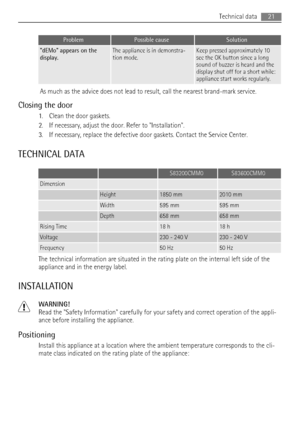 Page 21ProblemPossible causeSolution
dEMo appears on the
display.The appliance is in demonstra-
tion mode.Keep pressed approximately 10
sec the OK button since a long
sound of buzzer is heard and the
display shut off for a short while:
appliance start works regularly.
As much as the advice does not lead to result, call the nearest brand-mark service.
Closing the door
1. Clean the door gaskets.
2. If necessary, adjust the door. Refer to Installation.
3. If necessary, replace the defective door gaskets. Contact...