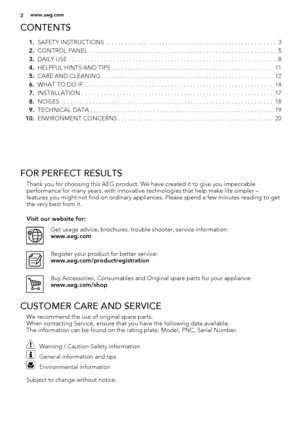 Page 2CONTENTS
1.SAFETY INSTRUCTIONS . . . . . . . . . . . . . . . . . . . . . . . . . . . . . . . . . . . . . . . . . . . . . . . . . . . . . .  3
2.CONTROL PANEL . . . . . . . . . . . . . . . . . . . . . . . . . . . . . . . . . . . . . . . . . . . . . . . . . . . . . . . . . . .  5
3.DAILY USE . . . . . . . . . . . . . . . . . . . . . . . . . . . . . . . . . . . . . . . . . . . . . . . . . . . . . . . . . . . . . . . . .  8
4.HELPFUL HINTS AND TIPS . . . . . . . . . . . . . . . . . . . . . . . . . . . . . ....