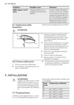 Page 56ProblemaPossibile causaSoluzione
dEMo appare sul di-
splay.L'apparecchiatura è in
modalità dimostrazione
(dEMo) .Tenere il tasto OK premu-
to per circa 10 sec., finché
non si sente un suono pro-
lungato provenire dal cica-
lino ed il display si spegne
per un tempo brevissimo:
l'apparecchiatura inizia a
funzionare regolarmente.
6.1 Sostituzione della
lampadina
ATTENZIONEEstrarre la spina dalla presa di corrente.
1
2
1.Premere sul gancio posteriore del
coprilampada con un cacciavite e...