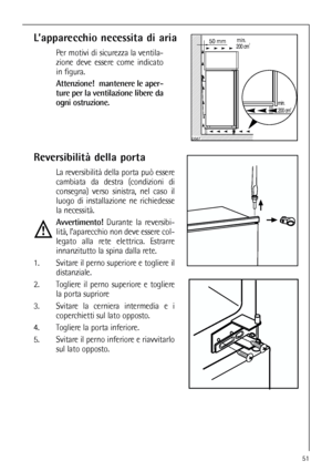 Page 5151
L’apparecchio necessita di aria
Per motivi di sicurezza la ventila-
zione deve essere come indicato
in figura.
Attenzione! mantenere le aper-
ture per la ventilazione libere da
ogni ostruzione.


	
	


Reversibilità della porta
La reversibilità della porta può essere
cambiata da destra (condizioni di
consegna) verso sinistra, nel caso il
luogo di installazione ne richiedesse
la necessità.
Avvertimento!Durante la reversibi-
lità, l’aparecchio non deve essere col-
legato alla...