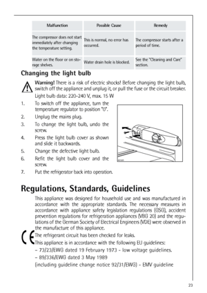 Page 2323
The compressor starts after a
period of time.
See the Cleaning and Care
section.
This is normal, no error has
occurred.The compressor does not start
immediately after changing
the temperature setting.
Water on the floor or on sto-
rage shelves.Water drain hole is blocked.
Changing the light bulb
Warning!There is a risk of electric shocks! Before changing the light bulb,
switch off the appliance and unplug it, or pull the fuse or the circuit breaker.
Light bulb data: 220-240 V, max. 15 W
1. To switch...