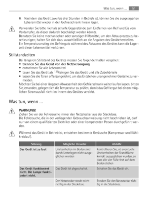 Page 516. Nachdem das Gerät zwei bis drei Stunden in Betrieb ist, können Sie die ausgelagerten
Lebensmittel wieder in den Gefrierschrank hinein legen.
Verwenden Sie bitte niemals scharfe Gegenstände zum Entfernen von Reif und Eis vom
Verdampfer, da dieser dadurch beschädigt werden könnte.
Benutzen Sie keine mechanischen oder sonstigen Hilfsmittel, um den Abtauprozess zu be-
schleunigen; halten Sie sich dazu ausschließlich an die Angaben des Geräteherstellers.
Ein Temperaturanstieg des Gefrierguts während des...