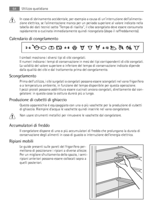 Page 64In caso di sbrinamento accidentale, per esempio a causa di uninterruzione dellalimenta-
zione elettrica, se lalimentazione manca per un periodo superiore al valore indicato nella
tabella dei dati tecnici sotto Tempo di risalita, il cibo scongelato deve essere consumato
rapidamente o cucinato immediatamente quindi ricongelato (dopo il raffreddamento).
Calendario di congelamento
I simboli mostrano i diversi tipi di cibi congelati.
Il numeri indicano i tempi di conservazione in mesi dei tipi corrispondenti...