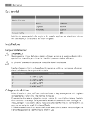 Page 72Dati tecnici
   
Nicchia di incasso  
 Altezza1780 mm
 Larghezza560 mm
 Profondità550 mm
Tempo di risalita 24 h
I dati tecnici sono riportati sulla targhetta del modello, applicata sul lato sinistro interno
dellapparecchio, e sulletichetta dei valori energetici.
Installazione
Luogo dinstallazione
AVVERTENZA
Qualora occorra ritirare dalluso un apparecchio con serratura, si raccomanda di rendere
questultima inservibile per evitare che i bambini possano chiudersi allinterno.
La spina dellapparecchio deve...