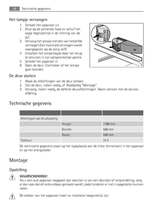 Page 18Het lampje vervangen
1. Schakel het apparaat uit.
2. Druk op de achterste haak en schuif het
kapje tegelijkertijd in de richting van de
pijl.
3. Vervang het lampje met één van hetzelfde
vermogen (het maximale vermogen wordt
weergegeven op de lamp zelf).
4. Installeer het lampenkapje door het terug
te schuiven in zijn oorspronkelijke positie.
5. Schakel het apparaat in.
6. Open de deur. Controleer of het lampje
gaat branden.
De deur sluiten
1. Maak de afdichtingen van de deur schoon.
2. Stel de deur,...