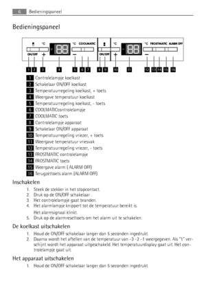 Page 6Bedieningspaneel
12345678910111213141516
1Controlelampje koelkast
2Schakelaar ON/OFF koelkast
3Temperatuurregeling koelkast, + toets
4Weergave temperatuur koelkast
5Temperatuurregeling koelkast, - toets
6COOLMATICcontrolelampje
7COOLMATIC toets
8Controlelampje apparaat
9Schakelaar ON/OFF apparaat
10Temperatuurregeling vriezer, + toets
11Weergave temperatuur vriesvak
12Temperatuurregeling vriezer, - toets
13FROSTMATIC controlelampje
14FROSTMATIC toets
15Weergave alarm ( ALARM OFF)
16Terugzettoets alarm...