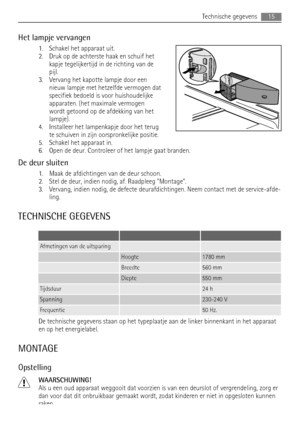 Page 15Het lampje vervangen
1. Schakel het apparaat uit.
2. Druk op de achterste haak en schuif het
kapje tegelijkertijd in de richting van de
pijl.
3. Vervang het kapotte lampje door een
nieuw lampje met hetzelfde vermogen dat
specifiek bedoeld is voor huishoudelijke
apparaten. (het maximale vermogen
wordt getoond op de afdekking van het
lampje).
4. Installeer het lampenkapje door het terug
te schuiven in zijn oorspronkelijke positie.
5. Schakel het apparaat in.
6. Open de deur. Controleer of het lampje gaat...