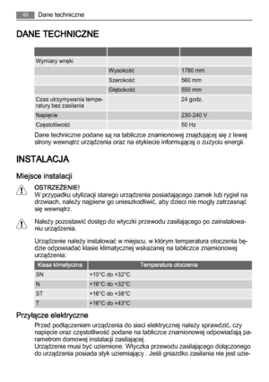 Page 48DANE TECHNICZNE
   
Wymiary wnęki  
 Wysokość1780 mm
 Szerokość560 mm
 Głębokość550 mm
Czas utrzymywania tempe‐
ratury bez zasilania 24 godz.
Napięcie 230-240 V
Częstotliwość 50 Hz
Dane techniczne podane są na tabliczce znamionowej znajdującej się z lewej
strony wewnątrz urządzenia oraz na etykiecie informującej o zużyciu energii.
INSTALACJA
Miejsce instalacji
OSTRZEŻENIE!
W przypadku utylizacji starego urządzenia posiadającego zamek lub rygiel na
drzwiach, należy najpierw go unieszkodliwić, aby dzieci...