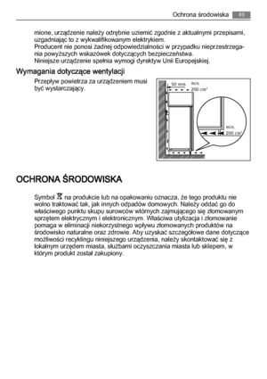 Page 49mione, urządzenie należy odrębnie uziemić zgodnie z aktualnymi przepisami,
uzgadniając to z wykwalifikowanym elektrykiem.
Producent nie ponosi żadnej odpowiedzialności w przypadku nieprzestrzega‐
nia powyższych wskazówek dotyczących bezpieczeństwa.
Niniejsze urządzenie spełnia wymogi dyrektyw Unii Europejskiej.
Wymagania dotyczące wentylacji
Przepływ powietrza za urządzeniem musi
być wystarczający.
OCHRONA ŚRODOWISKA
Symbol  na produkcie lub na opakowaniu oznacza, że tego produktu nie
wolno traktować...